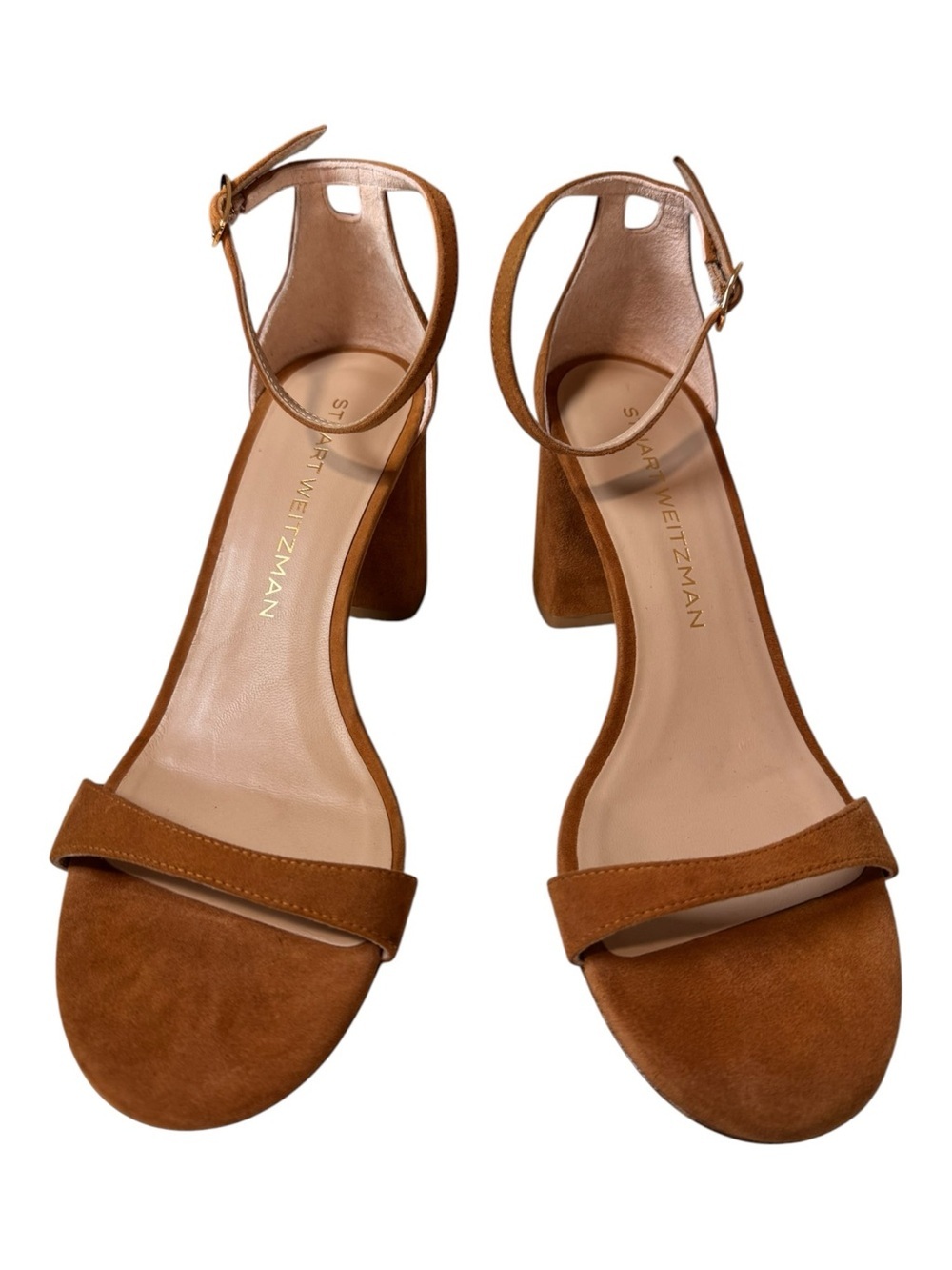 Stuart Weitzman Nearlynude Saddle Suede Ankle Strap Block Heel Sandals NWT 8B